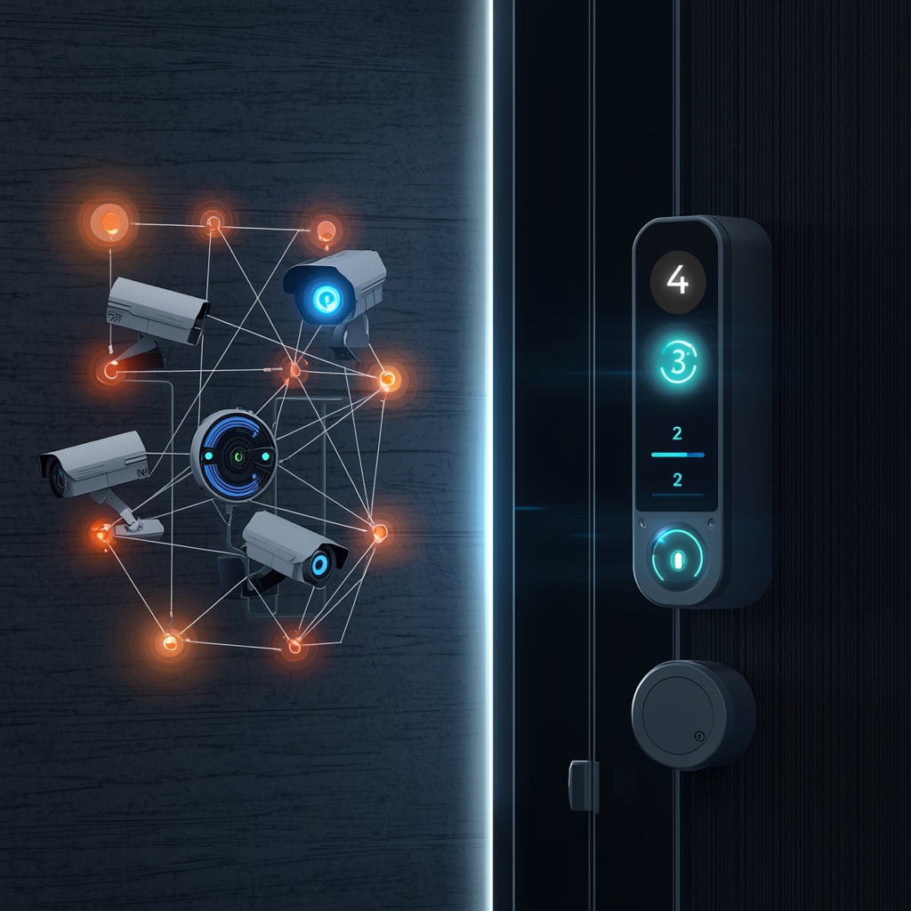 A high-tech home security system with glowing sensor nodes, digital camera network, smart locks on a modern door, night vision display, photorealistic, no women